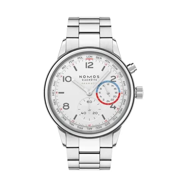 Nomos Montre Nomos Club Sport Neomatik Worldtimer Mondial cadran argent clair bracelet acier 40 mm