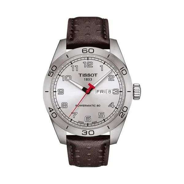 Tissot Montre Tissot T-Sport PR 516 Powermatic 80 cadran argent bracelet cuir brun 42 mm