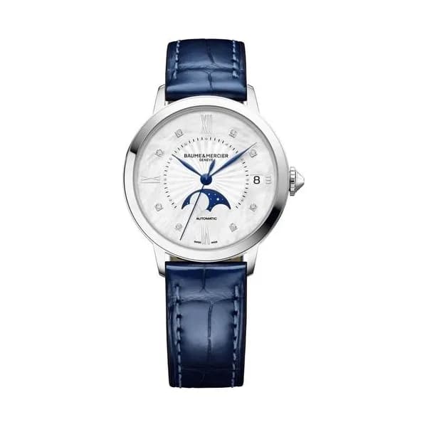 Baume & Mercier Montre Baume et Mercier Classima Moon Phase automatique index diamants cadran nacre blanche bracelet cuir bleu 34 mm