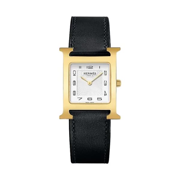 Hermès Montre HERMÈS Heure H Moyen Modèle PVD quartz cadran blanc bracelet cuir noir 30 mm