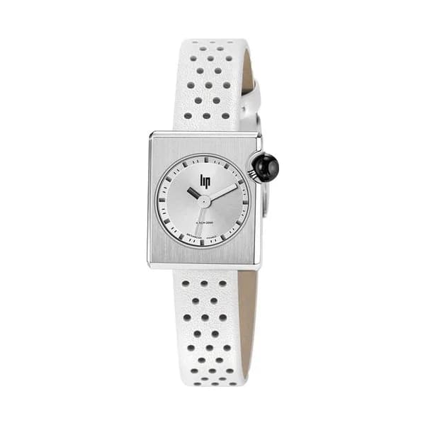 Lip Montre Lip Mach 2000 Mini Square quartz cadran argenté bracelet cuir blanc perforé 30 x 28 mm
