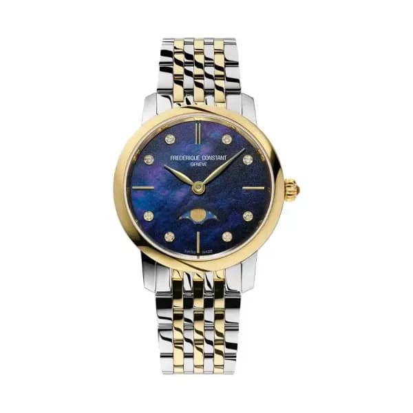 Frédérique Constant Montre Frédérique Constant Slimline Ladies Moonphase Quartz Cadran Bleu nuit Bracelet Acier et PVD Doré - FC-206MPND1S3B