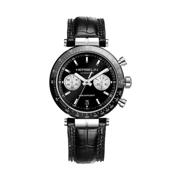 Michel Herbelin Montre Herbelin Newport Héritage Chronographe Bi-Compax automatique cadran noir bracelet cuir 42 mm