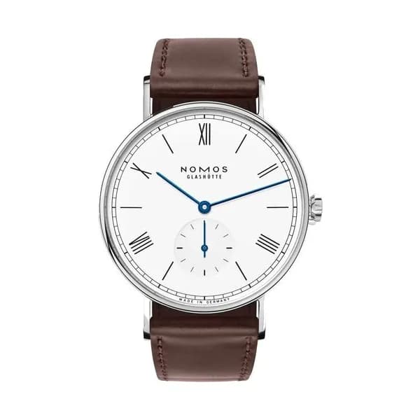 Nomos Montre NOMOS Ludwig 38 mécanique cadran blanc émail bracelet cuir brun 37,5 mm