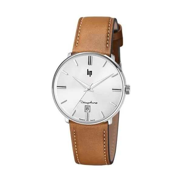 Lip Montre Lip Dauphine quartz cadran argent bracelet cuir brun 38 mm