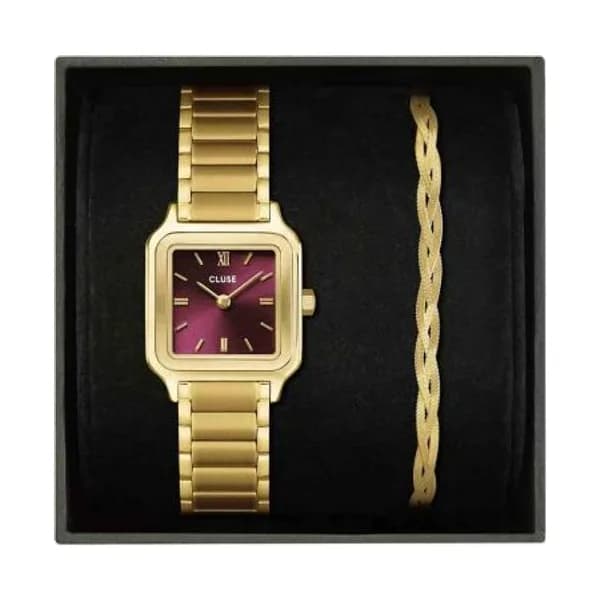 Cluse Coffret de Montre Cluse Gracieuse Petite Watch Steel, Dark Cherry & Braided Snake Bracelet, Gold Colour - - CG11805