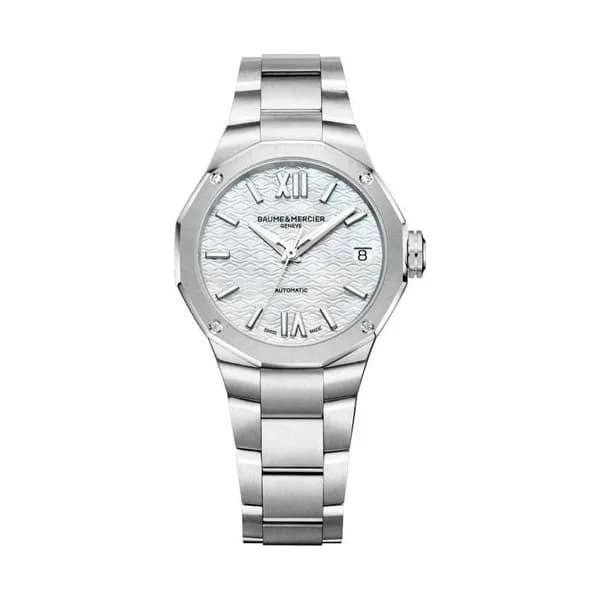 Baume & Mercier Montre Baume et Mercier Riviera automatique lunette sertie cadran nacre blanche bracelet acier 33 mm