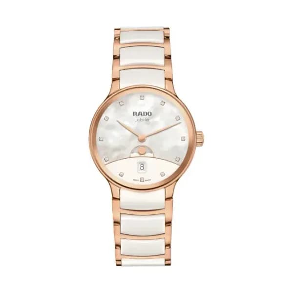 Rado Montre Rado Centrix Moonphase Quartz Cadran Blanc Bracelet Blanc