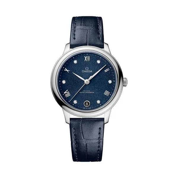 Omega Montre Omega de Ville Prestige Co-Axial Master Chronometer cadran bleu index diamant bracelet cuir 34 mm