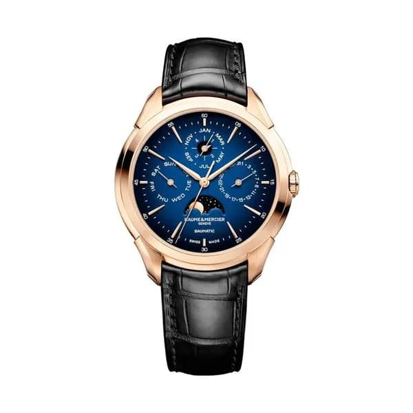 Baume & Mercier Montre Baume et Mercier Clifton Baumatic Or rose automatique cadran bleu bracelet cuir noir 42 mm
