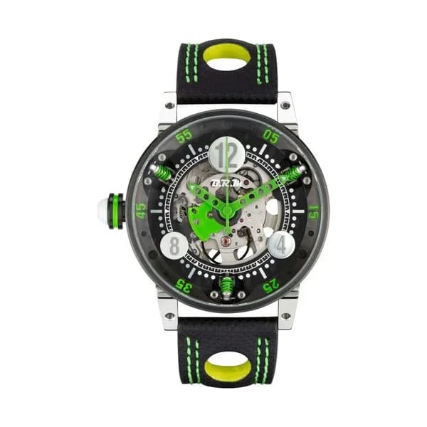 BRM Montre BRM GF6 automatique inox traité PVD noir aiguilles vertes 44 mm