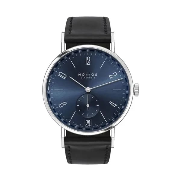 Nomos Montre NOMOS Tangente 2date cadran bleu mécanique bracelet cuir noir fond acier 37,5 mm