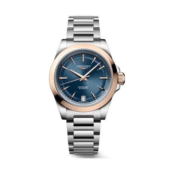Longines Montre Longines Conquest Or rose automatique cadran bleu bracelet acier et or rose 34 mm