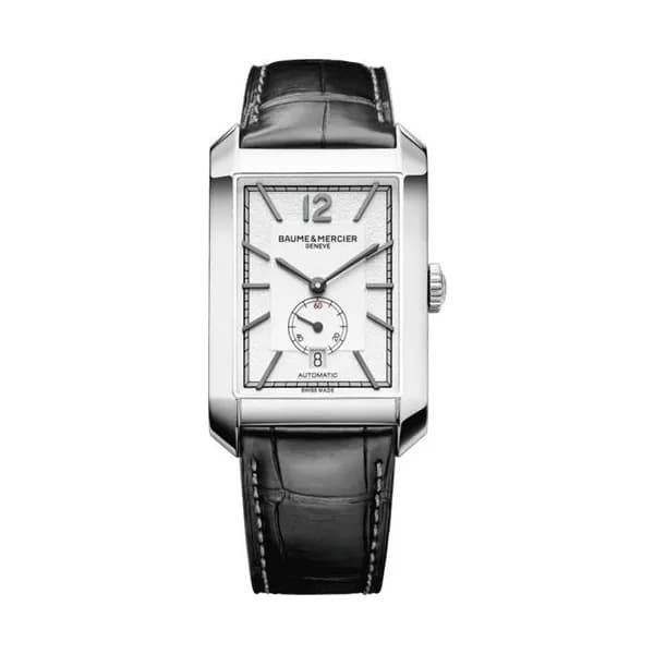 Baume & Mercier Montre Baume et Mercier Hampton automatique petite seconde cadran argenté bracelet cuir alligator noir