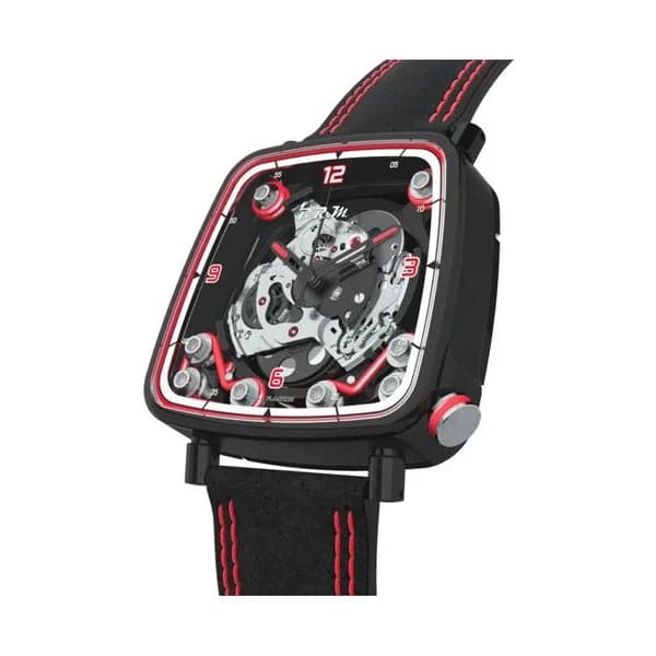 B.R.M Montre B.R.M FF39-40 automatique titane noir couronne laque rouge cadran squelette bracelet cuir Alcantara noir 40 mm
