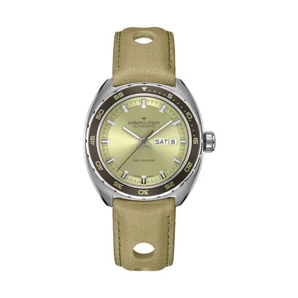 Hamilton Montre Hamilton American Classic Pan Europ Day Date automatique cadran vert bracelet cuir vert 42 mm