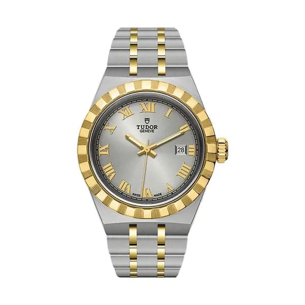 Tudor Montre Tudor Royal automatique index chiffres romains cadran argenté bracelet acier et or jaune 28 mm
