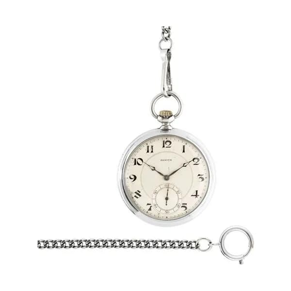 Zenith Montre Gousset Zenith mécanique avec chaine en acier 1920s 50 mm