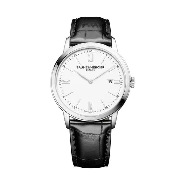 Baume & Mercier Montre Baume et Mercier Classima quartz cadran blanc chiffres romains bracelet cuir veau noir 42 mm