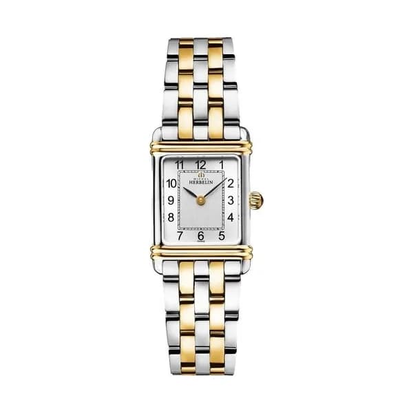 Michel Herbelin Montre Michel Herbelin Art Déco quartz cadran argent index chiffres arabes bracelet acier et PVD Or jaune 20,30 x 24,40 mm