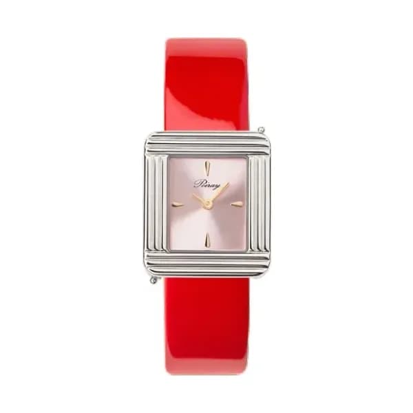 Poiray Montre Poiray Ma Première Acier Cadran Rose Bracelet Veau Vernis Rouge