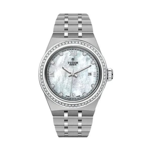 Tudor Montre Tudor Royal automatique index diamants lunette sertie cadran nacre blanche bracelet acier 28 mm