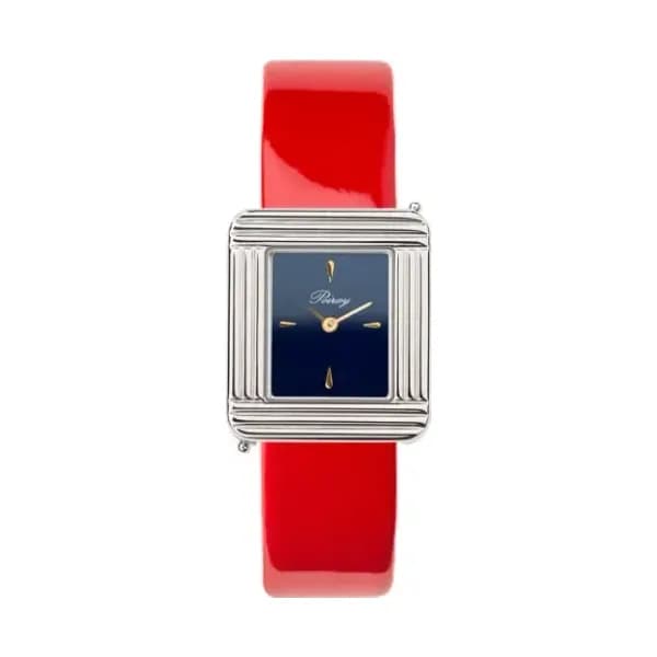 Poiray Montre Poiray Ma Première Acier Cadran Bleu Bracelet Veau Vernis Rouge