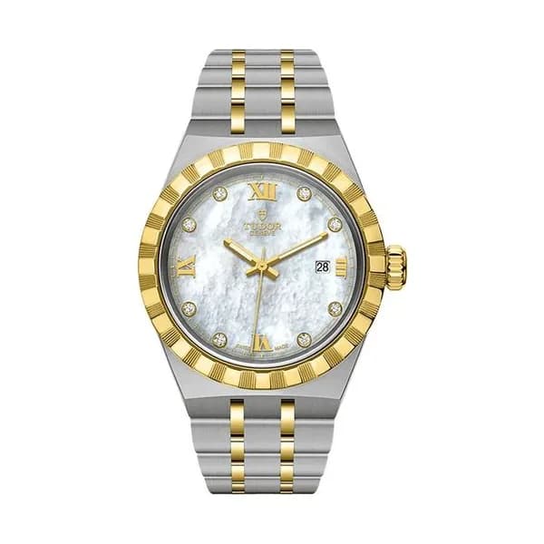 Tudor Montre Tudor Royal automatique index diamants lunette or jaune cadran nacre blanche bracelet acier et or jaune 28 mm