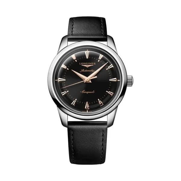 Longines Montre Longines Conquest Heritage automatique cadran noir bracelet cuir noir 40 mm
