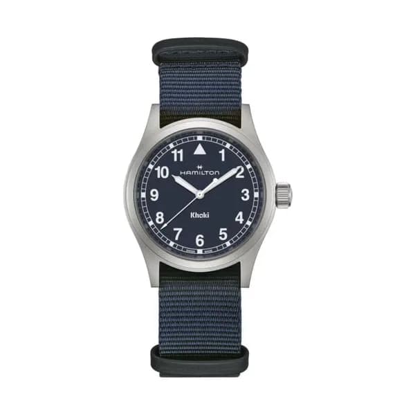 Hamilton Montre Hamilton Khaki Field quartz cadran bleu bracelet NATO bleu 38 mm