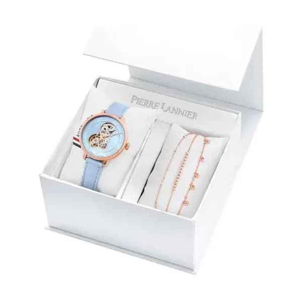 Pierre Lannier Coffret PIERRE LANNIER Montre Femme Etanche en Cuir Bleu et Bracelet