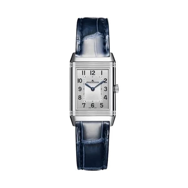 Jaeger-LeCoultre Montre Jaeger LeCoultre Reverso Classic Small Duetto mécanique cadran argent bracelet cuir bleu