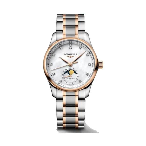 Longines Montre Longines Master Collection Moonphase automatique index diamants cadran serti nacre blanche bracelet acier et or rose 34 mm