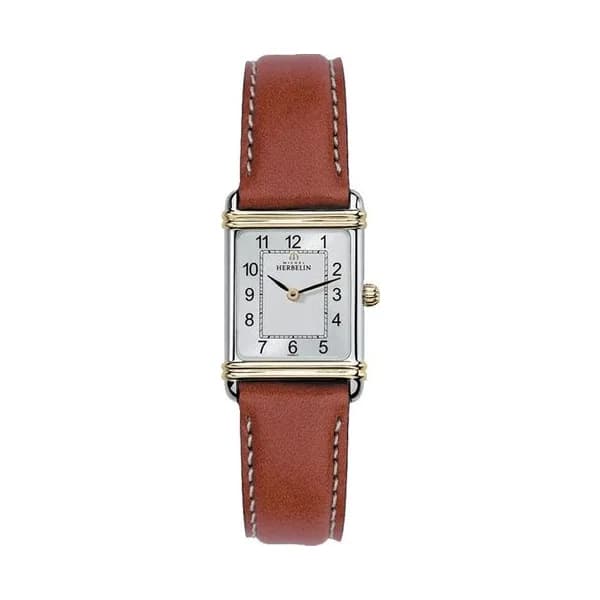 Michel Herbelin Montre Michel Herbelin Art Déco quartz acier bicolore cadran argent bracelet cuir brun