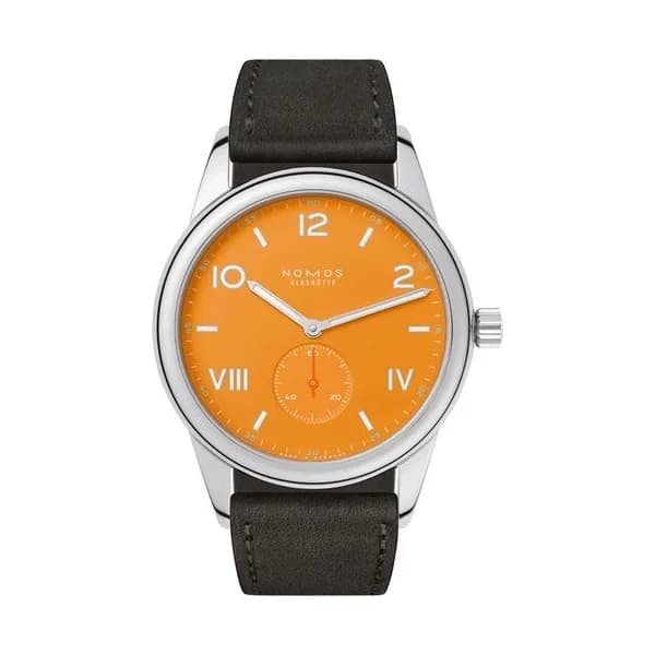 Nomos Montre Nomos Club Campus 38 Future Orange mécanique cadran orange bracelet cuir velours anthracite 38,5 mm