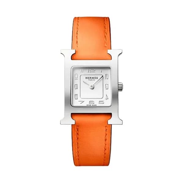 Hermès Montre HERMÈS Heure H Petit Modèle quartz cadran argenté bracelet cuir Swift orange 25 mm