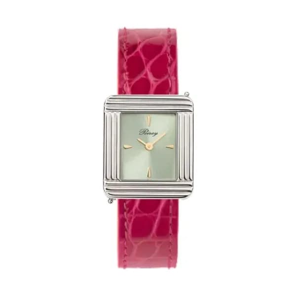 Poiray Montre Poiray Ma Première Acier Cadran Vert Bracelet Alligator Rose
