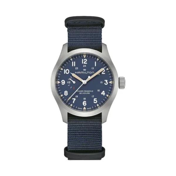 Hamilton Montre Hamilton Khaki Field Power Reserve cadran bleu bracelet tissu bleu 40 mm