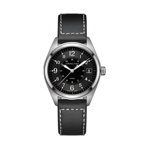 Hamilton Montre Hamilton Khaki Field cadran noir bracelet cuir noir 40 mm