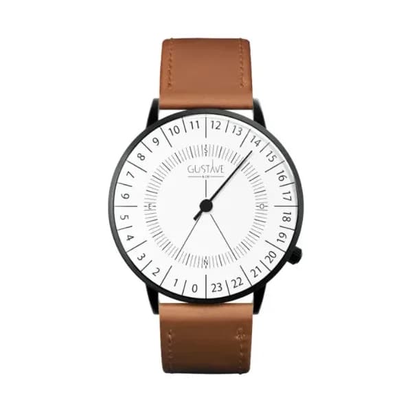 Gustave & Cie Montre 24H Antoine Noir & Blanc Cuir Marron Havane Surpiqué 40mm