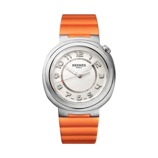 Hermès Montre HERMÈS Cut Grand Modèle automatique cadran argenté bracelet caoutchouc orange 36 mm