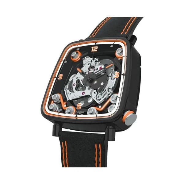B.R.M Montre B.R.M FF39-40 automatique titane noir couronne laque orange cadran squelette bracelet cuir Alcantara noir 40 mm