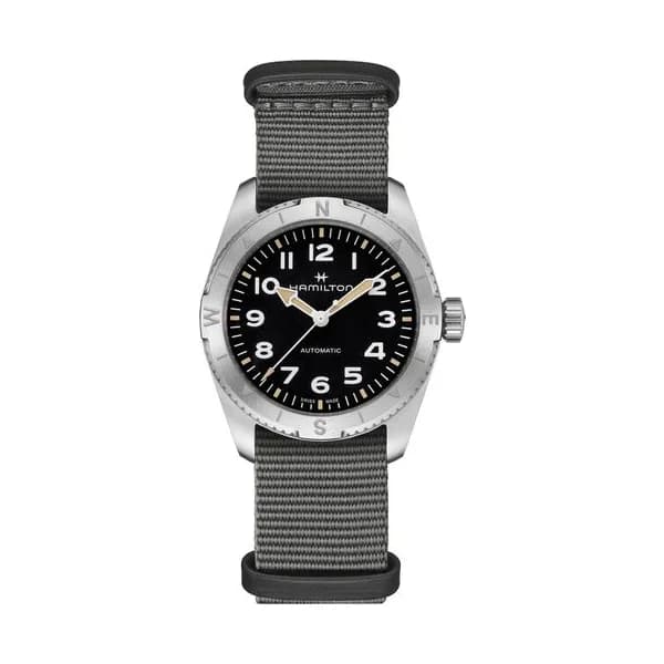 Hamilton Montre Hamilton Khaki Field Expedition automatique cadran noir bracelet NATO gris 37 mm