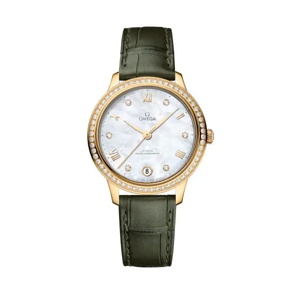 Omega De Ville 34 mm, or jaune sur bracelet en cuir