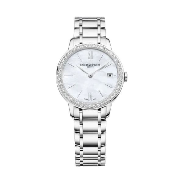 Baume & Mercier Montre Baume et Mercier Classima quartz lunette sertie cadran nacre bracelet acier 31 mm