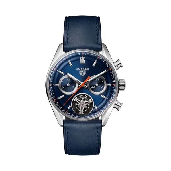 TAG Heuer Montre TAG Heuer Carrera Chronograph Tourbillon automatique cadran bleu bracelet cuir bleu 42 mm