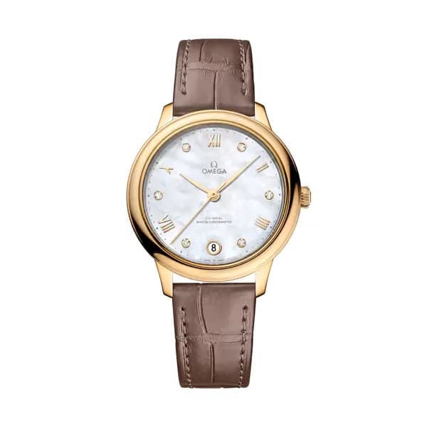 Omega De Ville 34 mm, or jaune sur bracelet en cuir