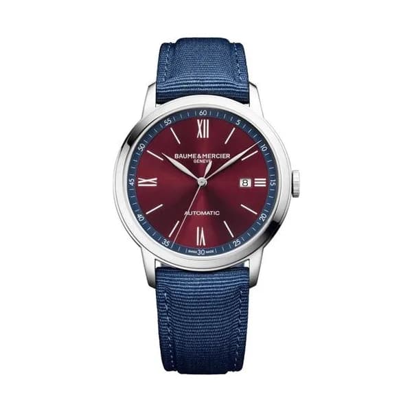 Baume & Mercier Montre Baume et Mercier Classima automatique cadran bordeaux bracelet toile bleu 42 mm