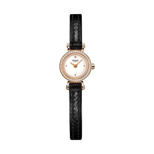 Hermès Montre HERMÈS Faubourg Mini Modèle Or Rose quartz lunette sertie cadran blanc bracelet cuir noir 15 mm