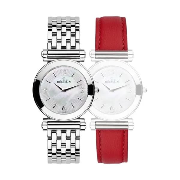 Michel Herbelin Montre Michel Herbelin Coffret Antarès quartz cadran nacre bracelets acier et cuir rouge 29 mm